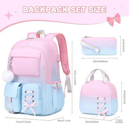Scothen Backpacks for Girls, Girls Backpack with Lunch Box & Pencil Pouch for Teens Girl Kids Elementary Middle High School College Student Bookbag Daypack Laptop Travel Backpack for Women - color: Pink Blue