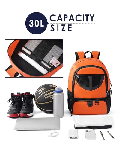 Basketball Bag Backpack for Men Women with Ball & Shoes Compartment 30L Capacity Lightweight Breathable Boys Girls Soccer Ball Bag Backpack Fit Volleyball Football Sports Travel School Gym - color: TK8Orange