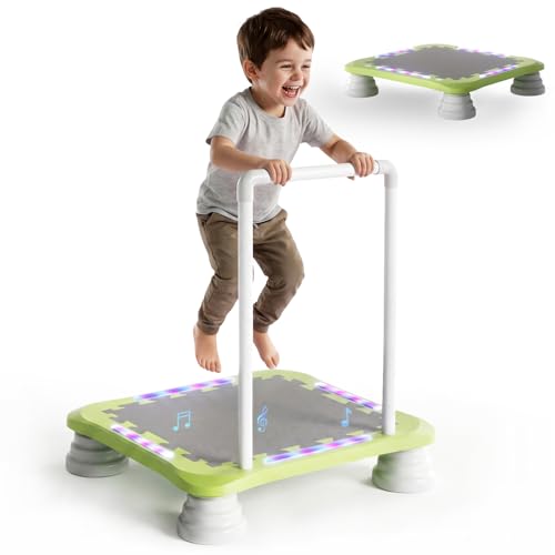 3-in-1 Mini Trampoline for Kids with Music & Lights, Indoor Outdoor Bounce Board, Removable Safety Handle, Sensory Balance Trainer, Non-Slip Base, Ages 3-12, Max 220 lbs - color: Light Green