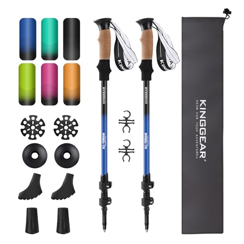 KINGGEAR Nordic Walking Stick, TP1 Hiking Poles Retractable Lightweight 7075 Aluminum, Trekking Poles with Flip Lock, Natural Cork and EVA Grip, 2pc Hiking Gear - color: Dark blue