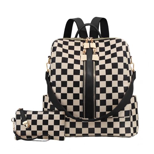 Women's Backpack with Wristlet Set, Large Capacity Tote Backpack for Women, Fashion Travel Backpack & Stylish Mommy Bag (Black Chessboard) - color: Black Chessboard