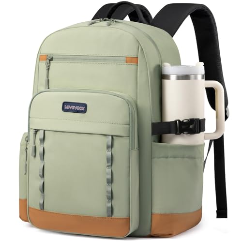 LOVEVOOK Laptop Backpack for Women with Large Cup Holder,17 Inch DIY Design Travel Work Backpack Computer Laptop Bag,Nurse Teacher College Backpack Purse,Gifts for Women Men,Brown-Black-Bean green - color: Yellowish-brown - Black - Bean-green, size: 17 In