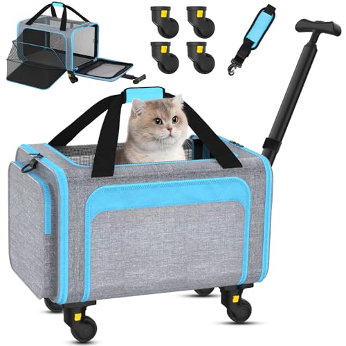 Rolling Pet Carrier with Detachable Wheels - 18x11x11 TSA Airline Approved for Southwest Delta United American, Soft Sided Expandable Travel Bag for Small Dogs & Cats up to 15Lbs, Fits Under Seat - color: Blue