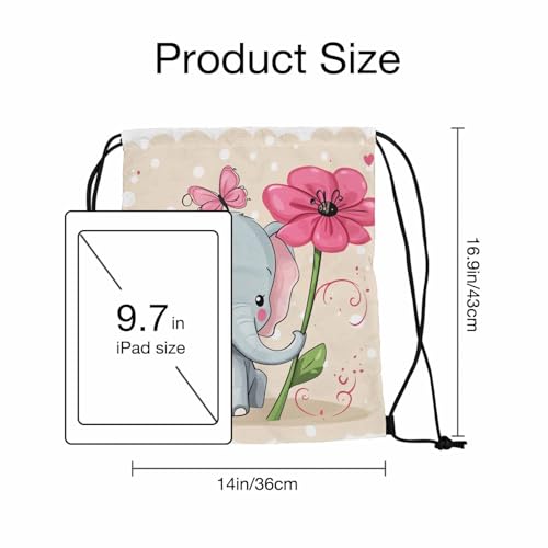 Drawstring Backpack Bag Cute Elephant Butterflies Nose to Flower Lightweight Backpack Soccer Ball Bag Sutiable for Sports Beach Short Travel Stroage 14x16.9 Inch - color: Elephant