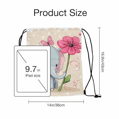 Drawstring Backpack Bag Cute Elephant Butterflies Nose to Flower Lightweight Backpack Soccer Ball Bag Sutiable for Sports Beach Short Travel Stroage 14x16.9 Inch - color: Elephant