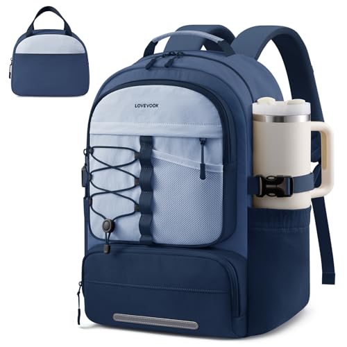 LOVEVOOK School Backpack for Teen Girls, 2PCS Cute Student Kids Bookbag Purse for Middle High School with Lunch Bag & Pens Compartment, Large Capacity College Student Backpacks, Fits 15.6'' Laptop - color: Navy Blue, size: Medium with lunch bag
