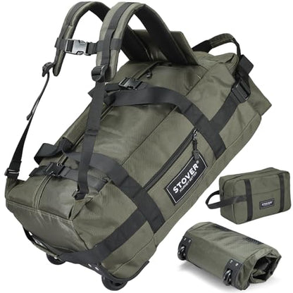 STOVER 45/80/100L Carry-On Rolling Duffel Bag with Wheels, Medium Durable Travel Duffle w/Toiletry Bag, Packable, Foldable with Shoulder Straps- Use as Luggage or Backpack, Men/Women (Green) - color: Green