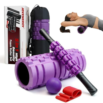 JOYENERGY 5 in 1 Foam Roller Set, Trigger Point Foam Roller Patented, Massage Roller Stick, Massage Ball, Stretching Strap for Deep Tissue Massager for Muscle Pilates Yoga Whole Body - color: Violet