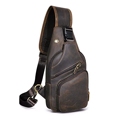 Le'aokuu Men Fashion Casual Tea Designer Travel Hiking Crossbody Chest Sling Bag Rig One Shoulder Strap Bag Men Leather 8015 | Fashion - color: Brown