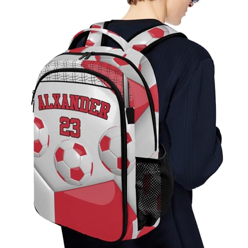 Custom Text Sport Ball Athlete Player Soccer Red Backpacks for Girls Boys School, Capacity School Backpacks for Kids Water-resistant Bookbags - color: Red