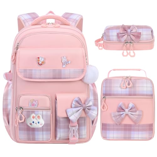 NSEQB Girls Backpack,Kids School Backpack With Lunch Box Pencil Case Set,Cute Childrens Schoolbag For Girls - color: Pink-3PCS