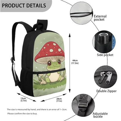 ZOUTAIRONG Green Frog Mushroom Mini Thermos and School Bags for Boys Girls 7-10/10-12/12-16, Casual Backpack with Side Pockets for School Travel - color: Green Frog Mushroom