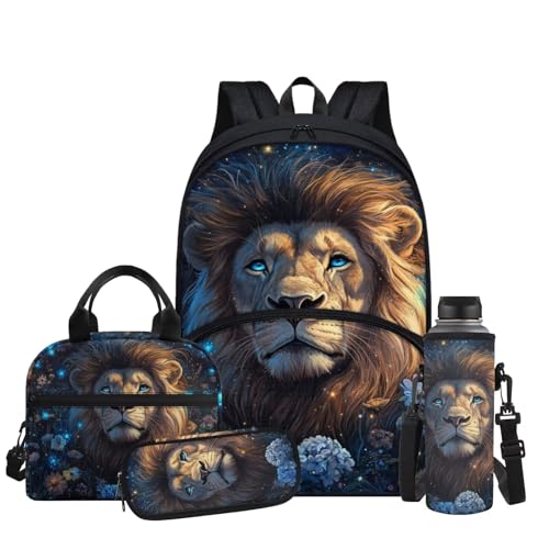 Aesthetic Lion Backpack for Kids Girls Backpack with Lunch Box Water Bottle Carrier and Fabric Pencil Pouch 4Pcs Set 17" Bookbag with Large Front Pocket for School Sturdy Elementary School Bag - color: Aesthetic Lion-2