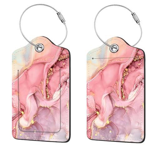 2 Pcs Luggage Tags for Suitcase, Cute Unique PU Leather Travel Bag Tag with Privacy Cover ID Label Address Card and Durable Metal Ring Suitable for Men Women Children Backpack,Pink Marble - color: Pink Marble