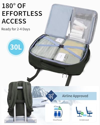 ECOHUB Carry On Travel Backpack, Expandable Airlines Personal Item Bag 18x14x8, Water Resistant 17 inch Laptop Backpack Flight Approved, 12 Pockets 30L Work Backpacks with Wet Pocket & Cable Slot - color: Green, size: 18 inch underseat