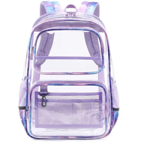 Sisipoet Clear Backpack for Girls with Starry Sky Print, Heavy Duty Transparent Bookbag for School, Stadium, and Concert, Purple - color: Purple/Starry