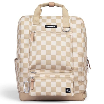 Cleverpup Porter 2-in-1 Dog Gear Backpack – Premium Dog Travel Bag with 10 Pockets, Zip-Off Treat Pouch, Leash Clip, Waterproof Pockets & Water Bottle Holder – Weekend, Hiking, Camping, Checkerboard - color: Tan Checkerboard