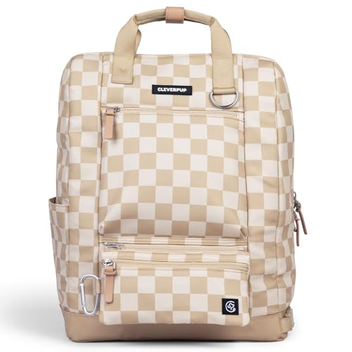 Cleverpup Porter 2-in-1 Dog Gear Backpack – Premium Dog Travel Bag with 10 Pockets, Zip-Off Treat Pouch, Leash Clip, Waterproof Pockets & Water Bottle Holder – Weekend, Hiking, Camping, Checkerboard - color: Tan Checkerboard