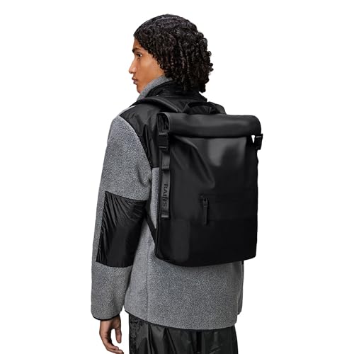 RAINS Trail Rolltop Waterproof Backpack – Black Rolltop Urban Daypack Water Resistant Water Repellent Minimalist Design for Men & Women – 2 Year Warranty - color: Black
