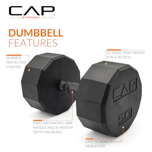 CAP Barbell Coated Dumbbell Weight | Multiple Options Pairs & Sets - size: 50 lb - Pair, style: 12-Sided - Black Handle