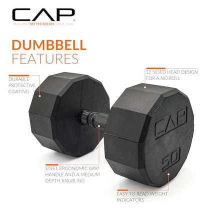 CAP Barbell Coated Dumbbell Weight | Multiple Options Pairs & Sets - size: 50 lb - Pair, style: 12-Sided - Black Handle