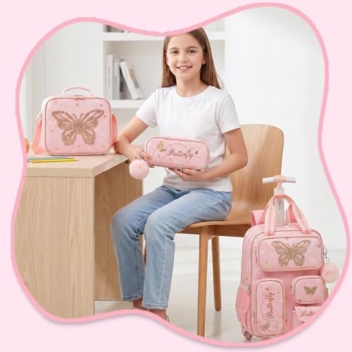 Kids Rolling Backpack with Wheels for Girls Roller Travel Luggage Kids Carry on School Backpack for Girls Ages 6-8 - color: Pink 03