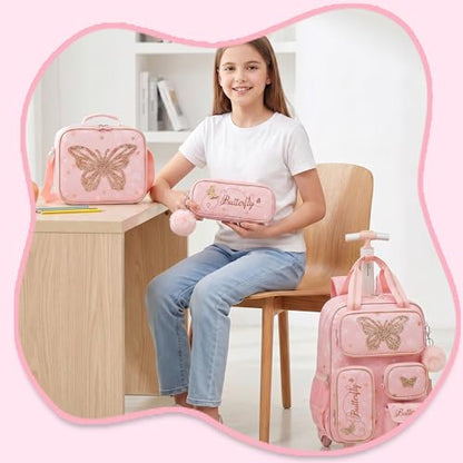 Kids Rolling Backpack with Wheels for Girls Roller Travel Luggage Kids Carry on School Backpack for Girls Ages 6-8 - color: Pink 03