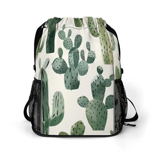 Drawstring Gym Backpack with Shoe Compartment And Wet Pocket, 28L Lightweight Waterproof Light Cactus Pattern Sports Backpack for Workout Swim Beach Travel String Bag for Men Women