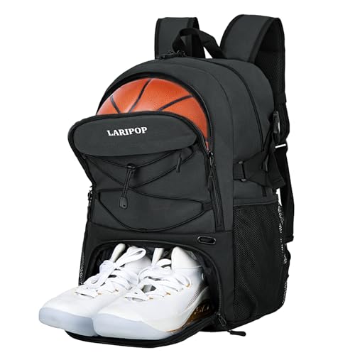 LARIPOP Basketball Backpack with Ball Compartment - Ventilated Shoe Pocket Fits US Size 15, Water Resistant 30L Sports Bag for Men Women Teen Athletes Practice Travel - color: Dark Grey