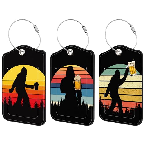 Sasquatch Luggage Tag for Suitcase 3 Pack Leather Luggage Tag with Privacy Flap Name ID Label and Metal Loop for Women Men Travel - color: Sasquatch