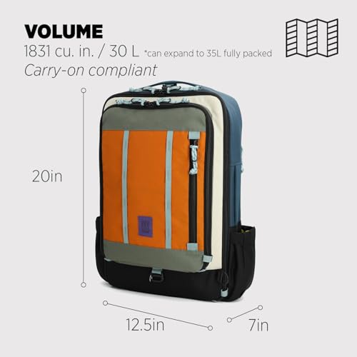 Topo Designs Global Travel Bag – 30L or 40L - Carry-On Compliant Most Airlines, Durable Travel Duffel Bag, Clam Shell Main Pocket, Laptop Sleeve, Backpack, Luggage (30L / Pond Blue/Spice) - color: Pond Blue/Spice, size: 30L
