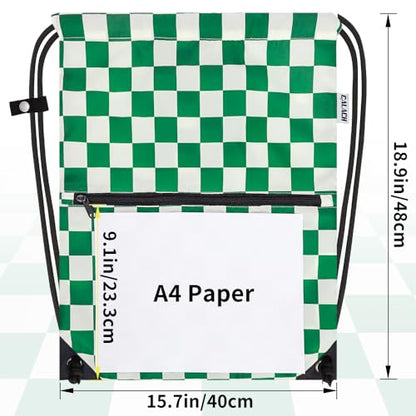 draw string back bag, Large Gym Sports string backpack for men and women with front zipper pocket(Greencheckered) - color: Greencheckered, style: Drawstring With Front Pocket