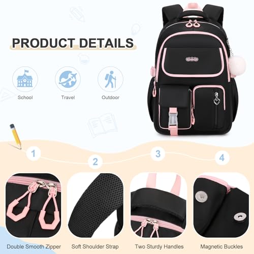DIGOBAY Backpacks for Girls, 3PCS School Backpack with Lunch Box Pencil Pouch for Teen Girls Kids Elementary Primary Middle High College School Bookbag Set （Black-Pink） - color: Black-pink