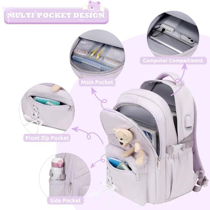 ACESAK School Backpack for Girls - 3 PCS Cute Girls Backpack with Lunch Box & Pencil Case - Kawaii Casual Kids Bookbag School Bag Daypacks Set for Elementary Middle High School Student Teens (Purple) - color: Purple