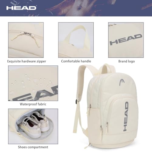 HEAD Gym Tennis Backpack for Women with Shoes Pocket Fits 15.6 inch Laptop - color: Beige With Bottom Pocket
