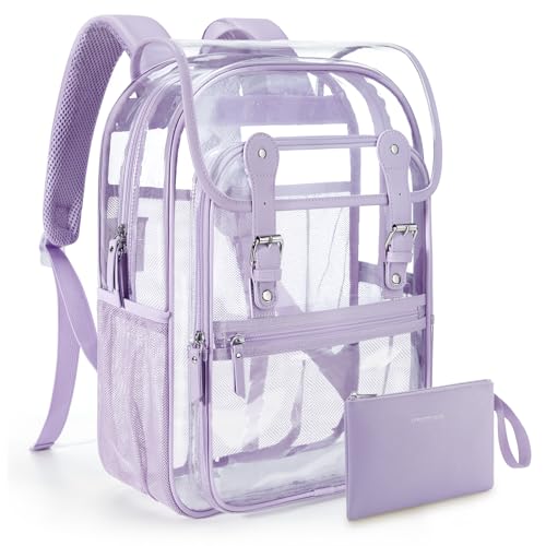 mommore Clear Backpack Heavy Duty Thick PVC Clear Bookbag for School with Pencil Bag Transparent Backpack See-Through Bag - color: Purple, style: Clear Backpack Set