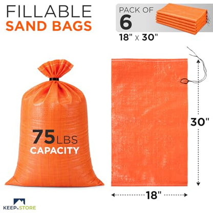Heavy Duty Sand Bags Pack of 6, Bright Orange Empty Sandbags with Built-In Ties, Woven Polypropylene UV Protection 1600 Hours, Fillable Bags for Flood Control, Weight, 18x30 inches, 75 Pounds Volume - size: 18"W x 30"L, style: Pack of 6