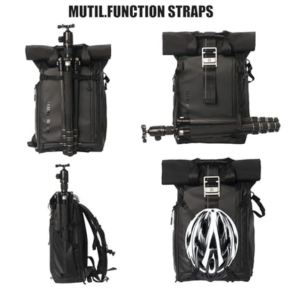 Besnfoto Waterproof Camera Backpack, Rolltop Photography Bag for Photographers, Expandable DSLR Mirrorless Case with 15.6" Laptop Compartment, Quick Side Access & Tripod Holder for Hiking Travel - color: Black Ii