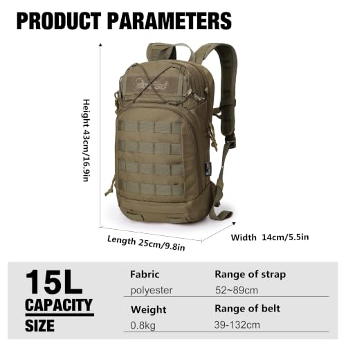 Mardingtop 15L Tactical MOLLE Hydration Backpack – Small Military Bag for Motorcycle, Hiking, Riding, Biking & EDC Daypack - color: Khaki