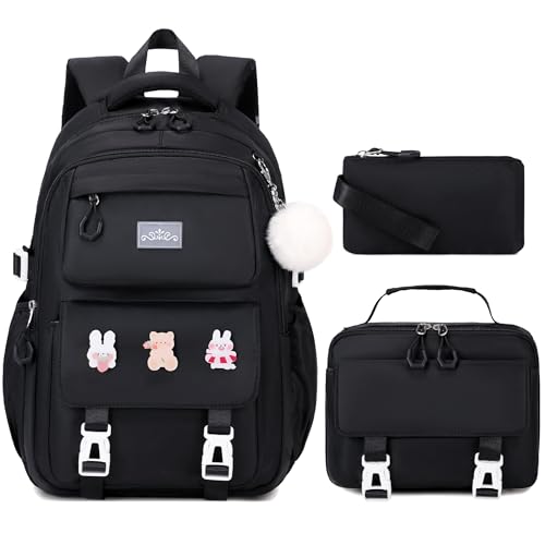 DIGOBAY 3PCS Girls Backpack for School, Kids Backpack for Girls with Lunch Box Pencil Case Set for Teen Girl Elementary Primary Middle High College School Bookbag with Cute Pins (Black) - color: Black