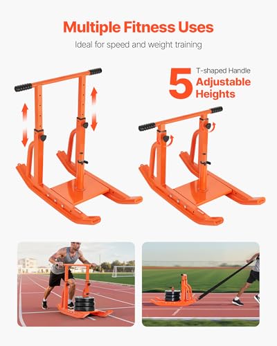 VEVOR Football Sleds and Chutes, Weight Sled, Football Training Pull Push Running Sled, Fitness Workout Sled Push Gym Equipment, Adjustable Height Handle, Compatible 1/2 in Weight Plates - style: T-Handle Orange
