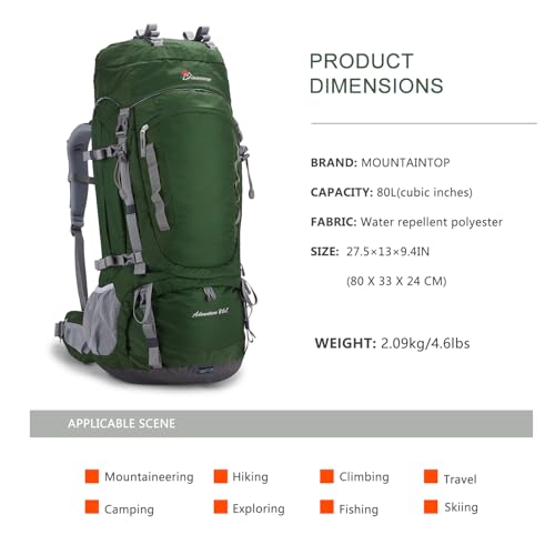 MOUNTAINTOP 80L Internal Frame Backpack for Man & Women Backpacking Hiking Backpack with Rain Cover - color: Dark Green-80l