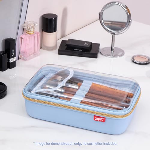 ZIPIT: Travel Makeup Bag - Blue & White Flowers - Protective Hard Shell, Large Cosmetic Case, Transparent Zipper Lid, Carry Handle, Toiletry Organizer - color: Light Blue