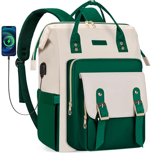 ANILD Travel Laptop Backpack for Women Bag, 15.6 Inch Work Backpack with USB Charging and Port Luggage Strap, Airline Approved Business Work Bag for Nurse College Teacher - color: Beige-green