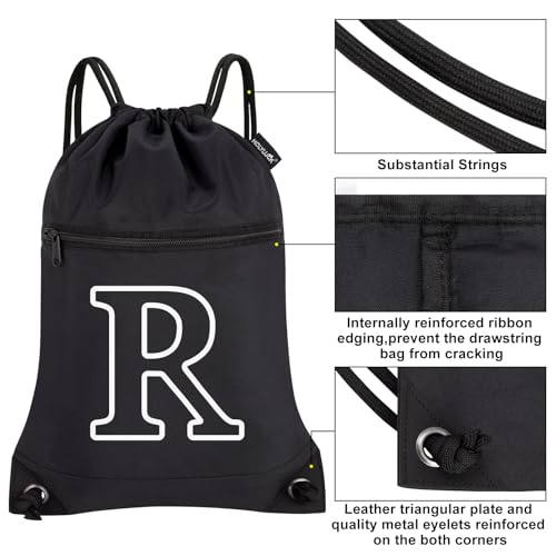 HOLYLUCK Drawstring Bags Initial Backpack Sackpack Cinch Bags for Sports, Gym, Travel, Beach (Black-R) - color: Black-r