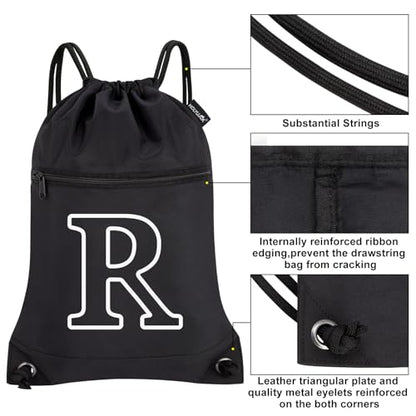 HOLYLUCK Drawstring Bags Initial Backpack Sackpack Cinch Bags for Sports, Gym, Travel, Beach (Black-R) - color: Black-r