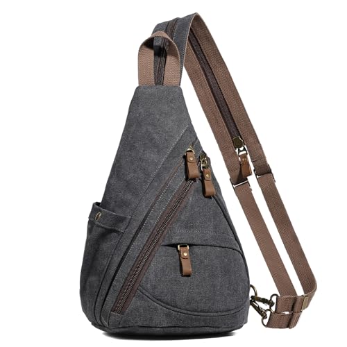KL928 Canvas Sling Bag - Small Crossbody Backpack Shoulder Casual Daypack Rucksack for Men Women(Large Version,Black) - color: Canvas-black