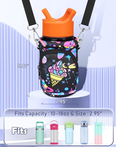 Miss Adola Water Bottle Carrier with Strap - Insulated Kids Water Bottle Holder for Boys Girls Bottle Bag for 10-18Oz - color: Rainbow Ice Cream