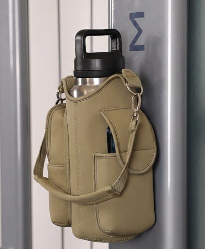 Magnetic Gym Tote,18-40oz Water Bottle Bag Holder,Neoprene Case Pouch with Phone Pocket,Men Women Workout Accessories - color: Khaki Brown