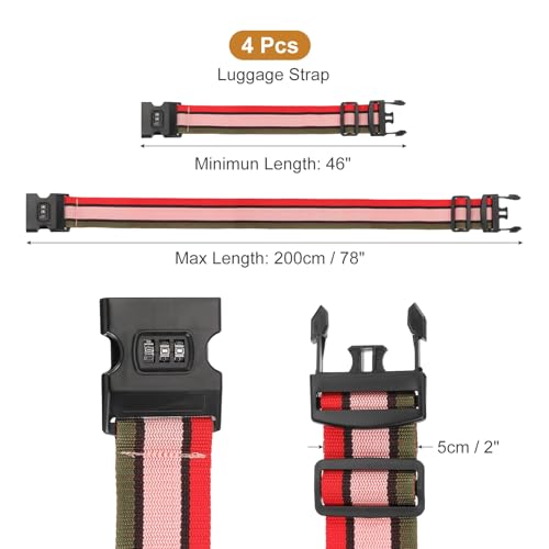 MECCANIXITY Luggage Straps with Combination Lock Adjustable Suitcase Belt Strap for Suitcase Briefcase Backpack Travel, Red-White-Blue, Pack of 4 - color: Red-White-Blue